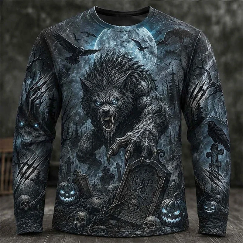 2026 Neues Herren-Halloween-Themen-Langarm-T-Shirt mit Rundhalsausschnitt und gruseligem Zauberer-Schädel-Print, Herren-Party-Oberteil für Feiertage – Detail 6