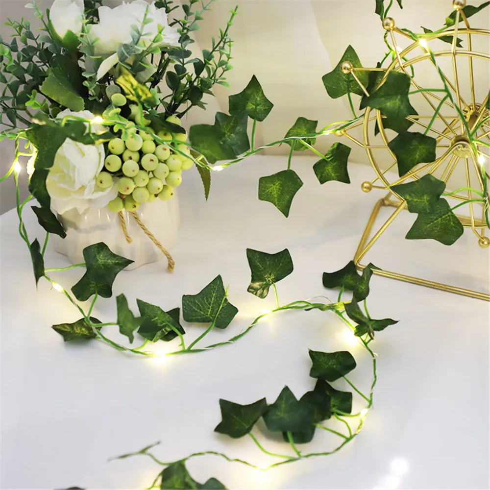 LED Green Leaf Garland String 20/50/100 LED Green Leaf Garland with Fairy Lights Battery Powered Suitable for Holiday Decoration