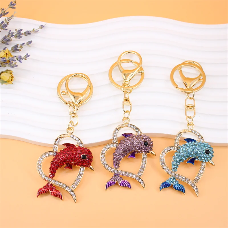 Hot Creative Dolphin Couple Keychain Heart Dolphin Keyring Aquarium Key Chain Promotional Valentine's Day Gifts