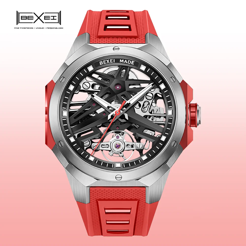 

BEXEI 9121mechanical watch for men luminous Automatic movement skeleton Synthetic sapphire waterproof business wrist watch news