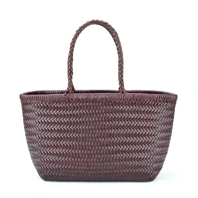 Yao Dong Women's 100% Genuine Leather Woven Shoulder with Casual Woven Inside Bag Vintage Shopping Bag Cowhide Tote Bag