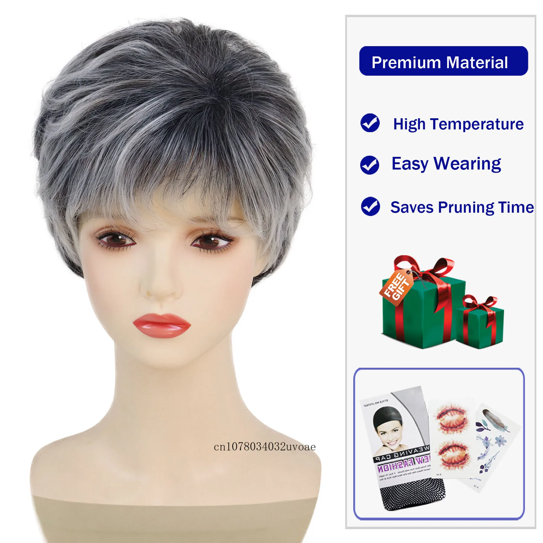 Synthetic Short Wigs for Women Black Mix Grey Wig with Bangs Curly Hairstyle Natural Pixie Cut Wig Cosplay Heat Resistant Female