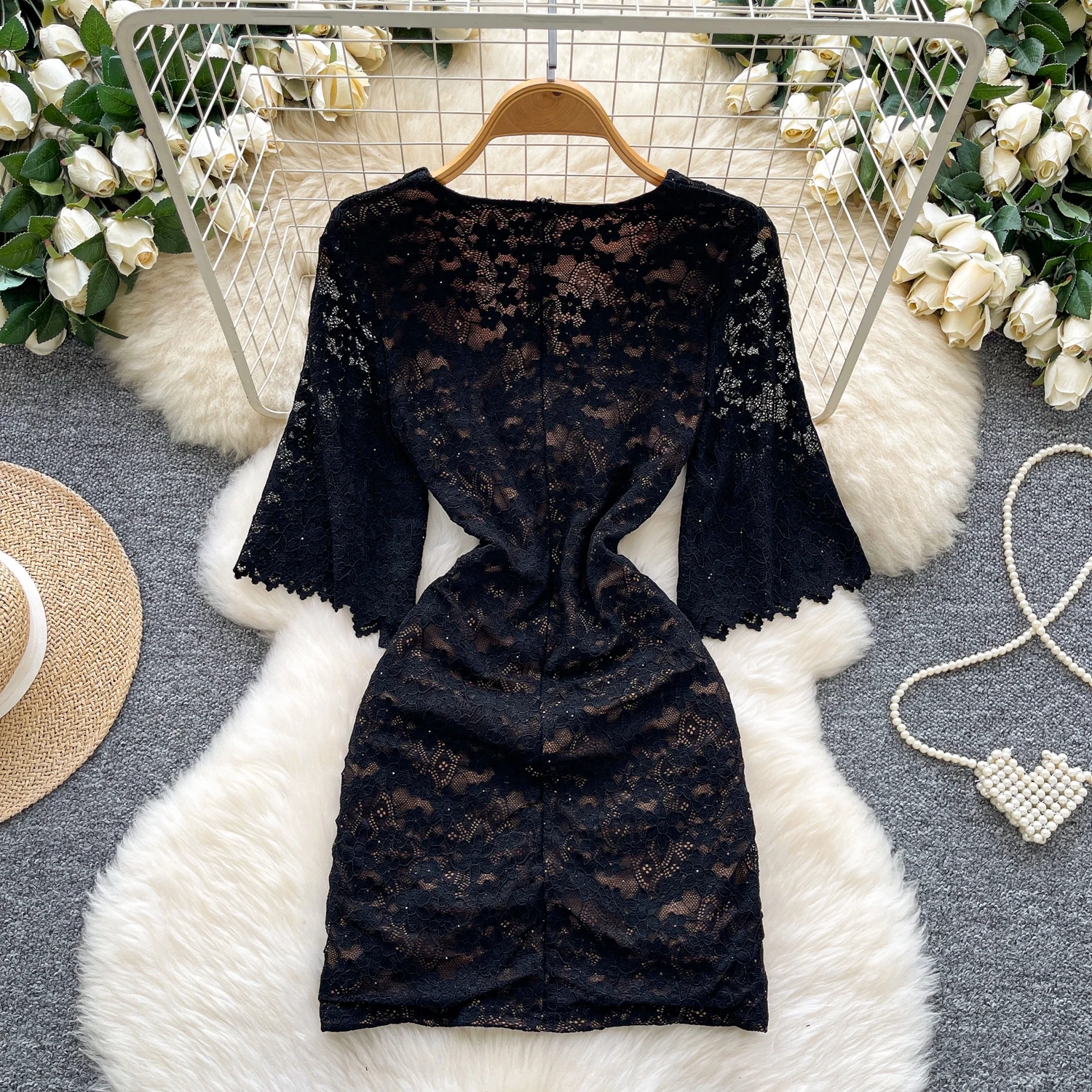 セクシーなクロス V ネックレースドレスヴィンテージエレガントな女性パーティーベーシック韓国ファッションフェアリーコアドレス