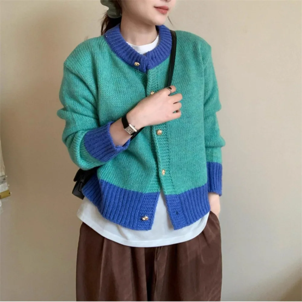 

Fashion Y2K Long Sleeve Cardigans Round Neck Pullover Knitwear Coats Single Breasted Loose Crochet Crop Sweater Women