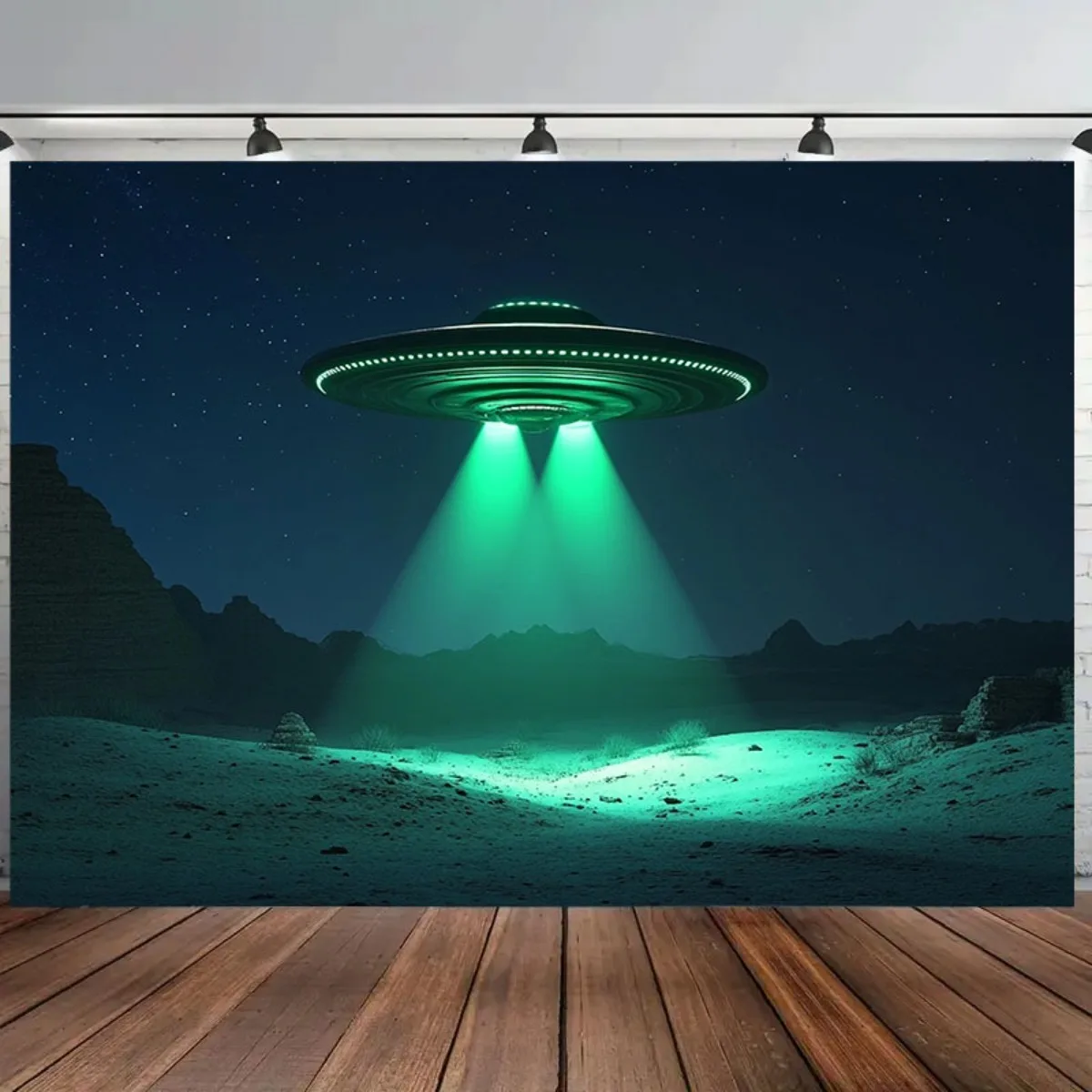 Alien UFO Spaceship Tapestry Green Light Beam Night Desert Starry Sky Wall Hanging Decor Aesthetic Backdrop for Gaming Room