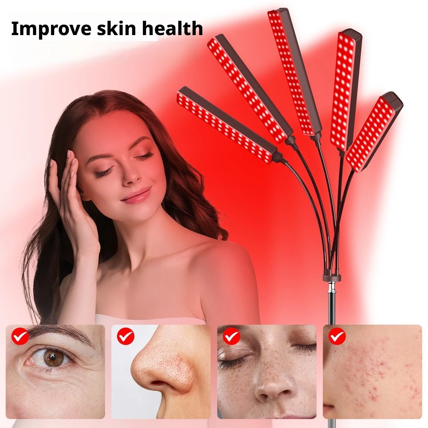 SHINEKNOT Red Light Therapy Lamp 850NM Phototherapy Lamp Seven Color Light Wave 660NM Five Head Floor Standing Skin Beauty Lamp