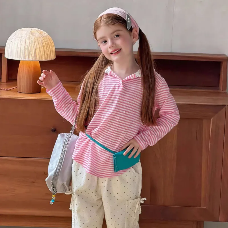 26 Spring Summer Girl Hood SweatShirt New Daily Base Stripe Children Sunscreen T-Shirt Baby Lace Cotton Top 2-14 Years Outfit