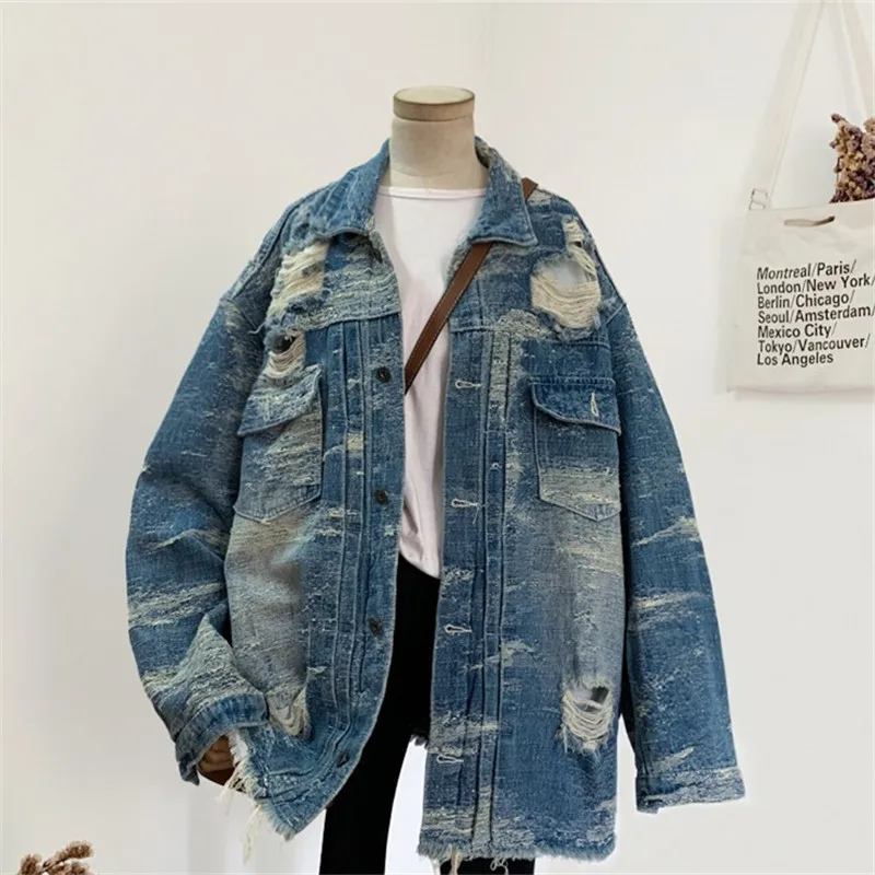 Cappotto da giacca di jeans vintage con fori blu Cappotto da donna allentato medio lungo da cowboy Capispalla primavera autunno Casual con tasche grandi Giacche di jeans da donna