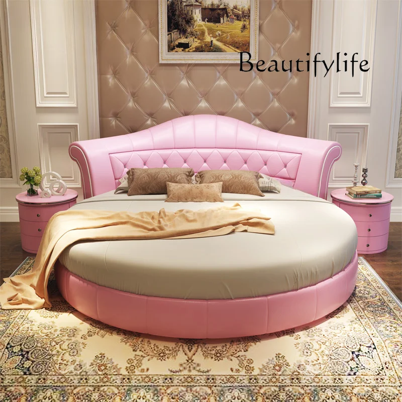 W Princess Pretty Pink Double Bed Modern King Size Queen Comfortable Round Bed Luxury Bedframe Camas Twin Bedroom Furniture