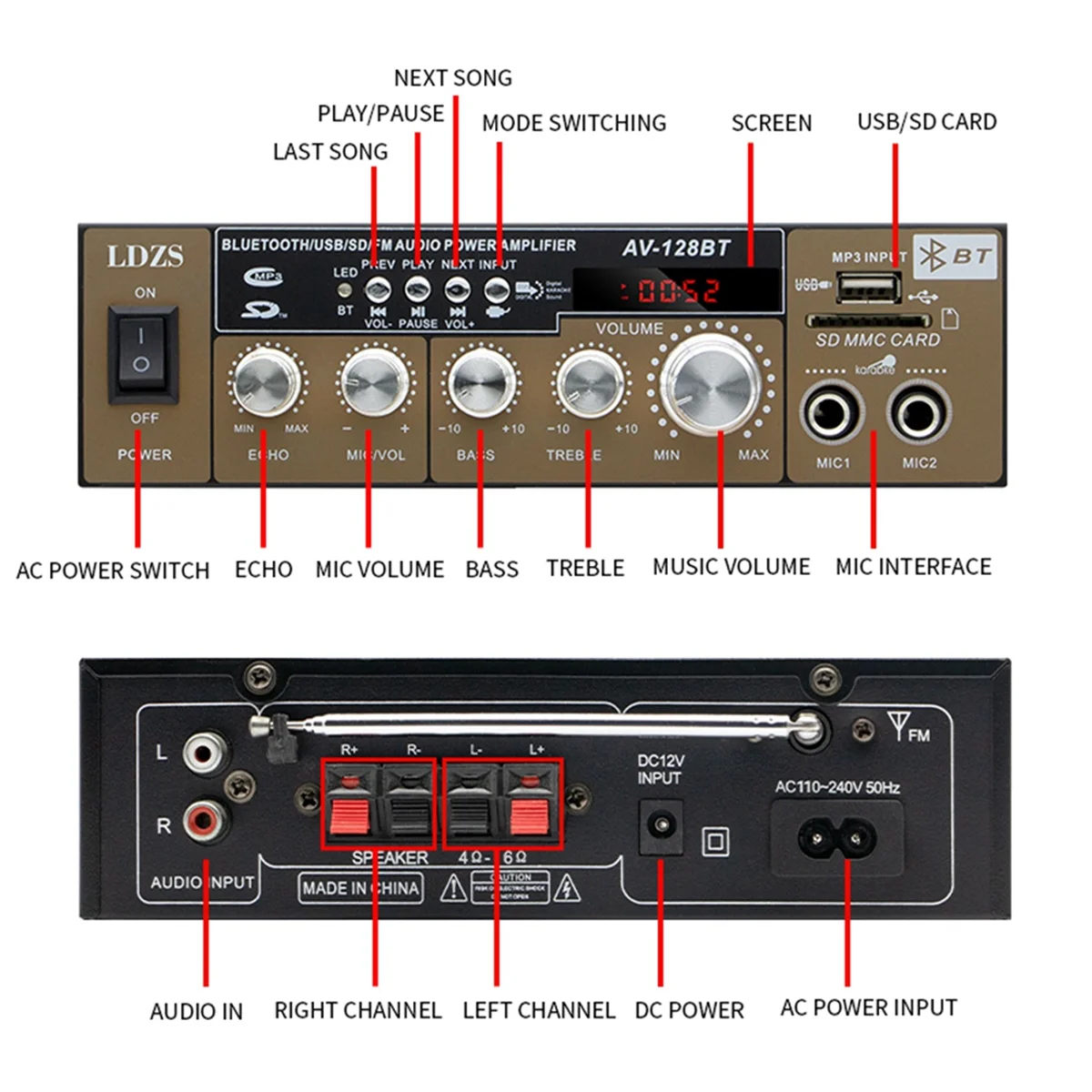 LDZS Wzmacniacz samochodowy Wzmacniacz Bluetooth Głośnik Bluetooth Wzmacniacz samochodowy do użytku domowego Samochód