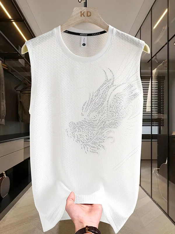 قميص رجالي جديد لعام 2025 بدون أكمام من الحرير الجليدي برقبة مستديرة مطبوع رقيق وخفيف يمتص الرطوبة أنيق للصيف ملابس كاجوال #3