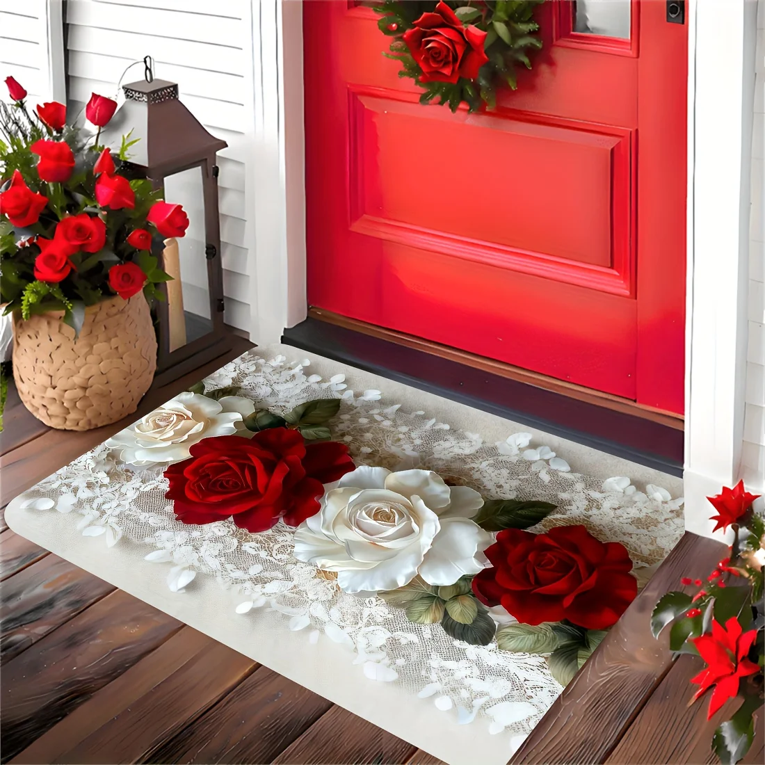 Elegant Printed Floral Doormat Red White Rose Design for Front Door Entrance Mat Washable Welcome Rug Home Porch Decor