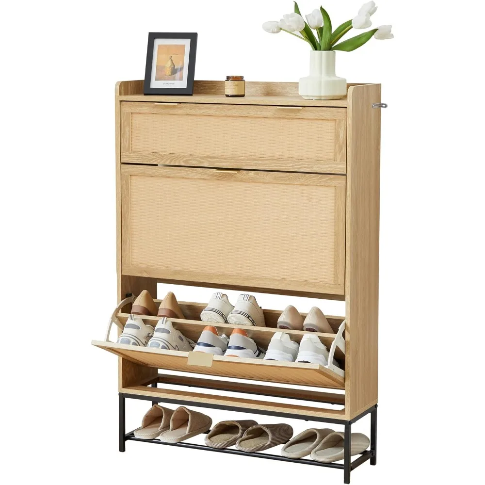 

Shoe Cabinet for Entryway Slim, Free Standing Narrow Shoe Rack Cabinet Rattan Carving, 2 Flip Drawer Shoe Storage