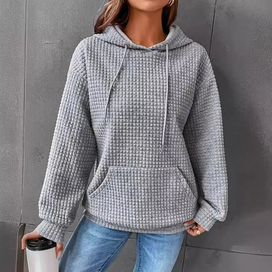 Women\'s hooded sweatshirt spring and autumn style waffle fashion beautiful solid color hooded drawstring loose sweatshirt