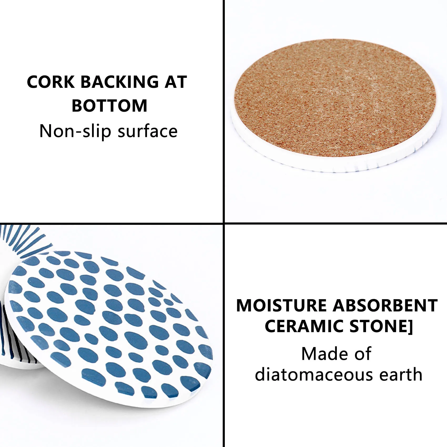 A84E- Stone With Cork Backing Non-Slip Heat Insulation Table Mat Absorbent Coasters For Drinks Set Of 6