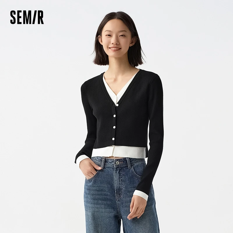 Semir Knitted Cardigan Women Short Style Faux Two-piece Contrast Color Spring Skinny V-neck Square-shoulder Top Slimming