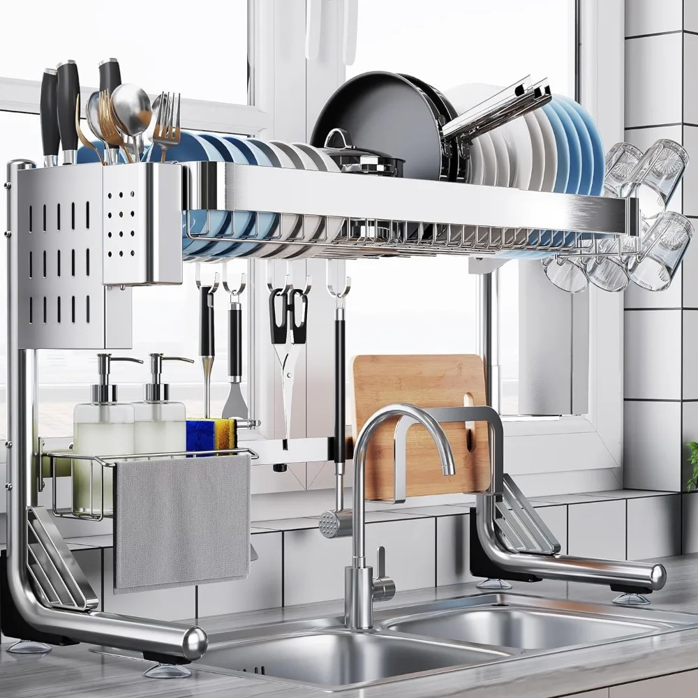 

Dish Drying Rack Over Sink - Large Over The Sink Dish Drainer Adjustable Length (24.8'' To 35.43'') Full Stainless Steel