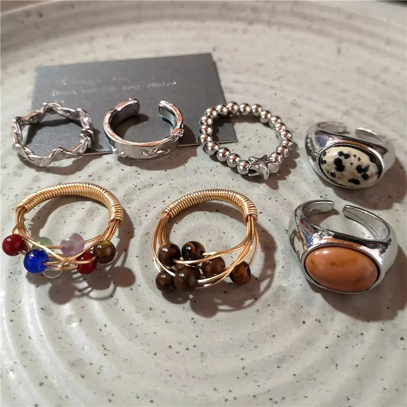 7 pieces of vintage tiger eye jade colored bead twisted metal stackable rings, bohemian style women's aesthetic jewelry
