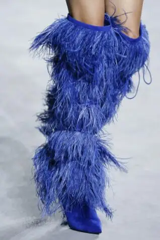 

Winter Ladies Royal Blue White Black Feather Ostrich Over The Knee Boots Women Cross Tied Spike Heels Pointed Toe Long Boots