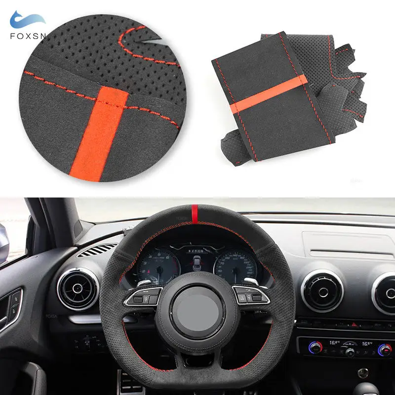 

Hand Braids Car Inner Steering Wheel Suede Perforated Leather Cover Trim For Audi S3 2014 2015 2016 2017 S5 2012 2013-2016