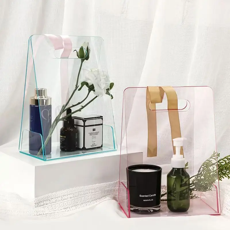 Clear Acrylic Triangle Handle Gift Box For Wedding, Return Bridesmaid Friend Present Favor Party Flower DIY Gift Box Handbag