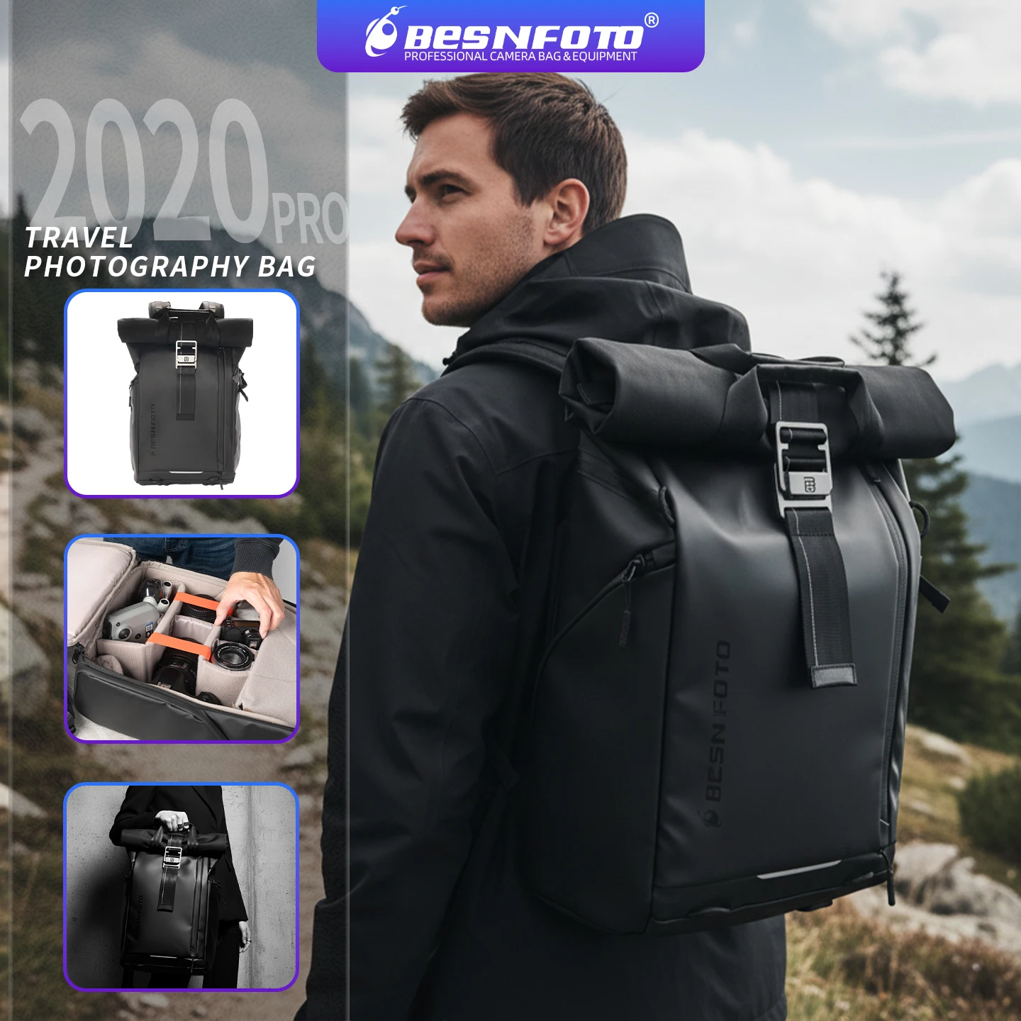 Besnfoto Waterproof Photography Backpack with 15'' Laptop Compartment & Tripod Holder, Roll Top Design for Travel Hiking