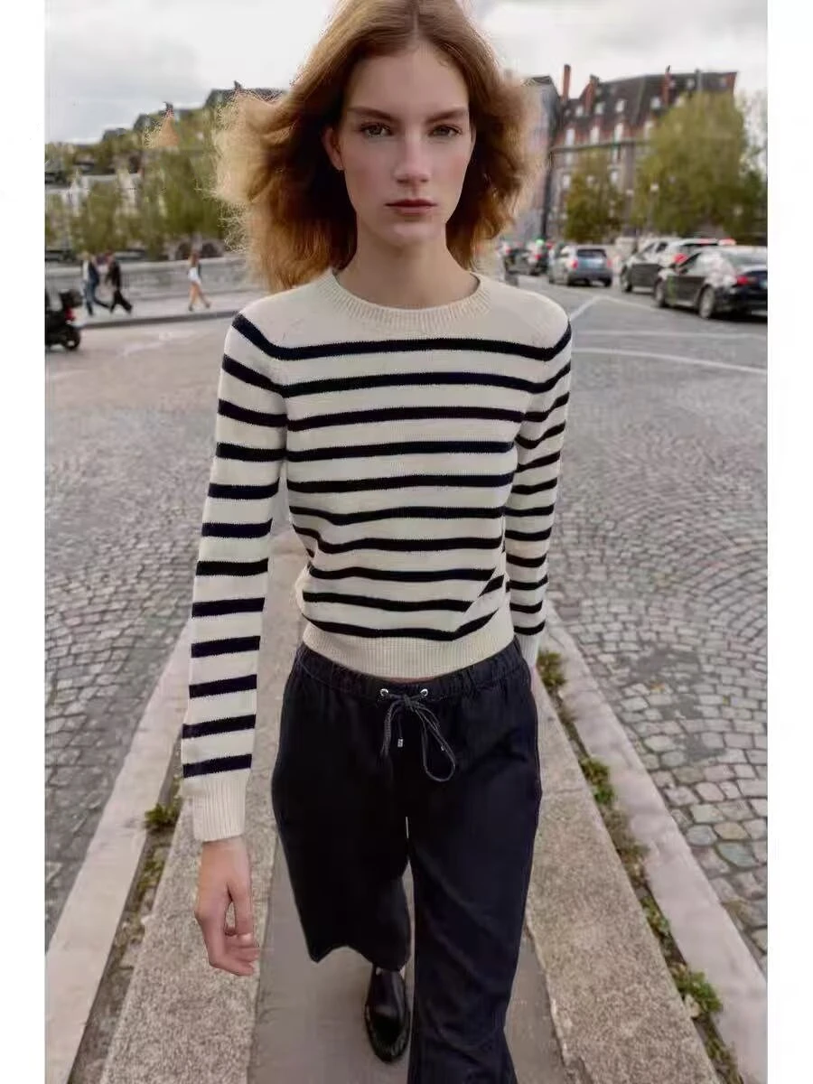 

YY2771 autumn/winter 25 new style simple casual round neck long sleeved loose sweater striped knit sweater 2756151