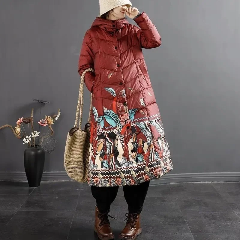 Women Down Jacket Winter Coat Female Thicken Long Parkas Plus-size Ethnic Print Outwear Detachable Cap Loose Overcoat New 2024