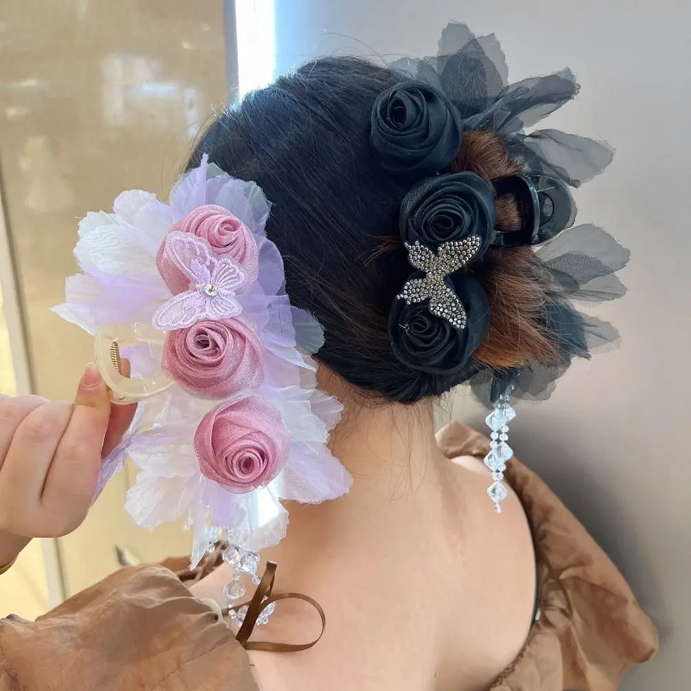 

New Rose Flower Grasping Clip Elegant Headwear Hair Accessories Hair Claw Bow Hairgrips Tassel Shark Clip Girl