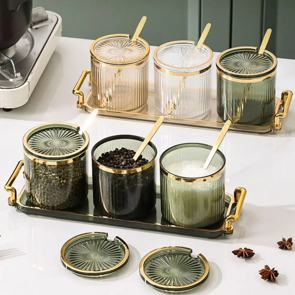 جرة بهار بلاستيكية على الطراز الأوروبي حاوية توابل مخططة شفافة مع ملعقة وغطاء جرة تخزين التوابل للتخييم