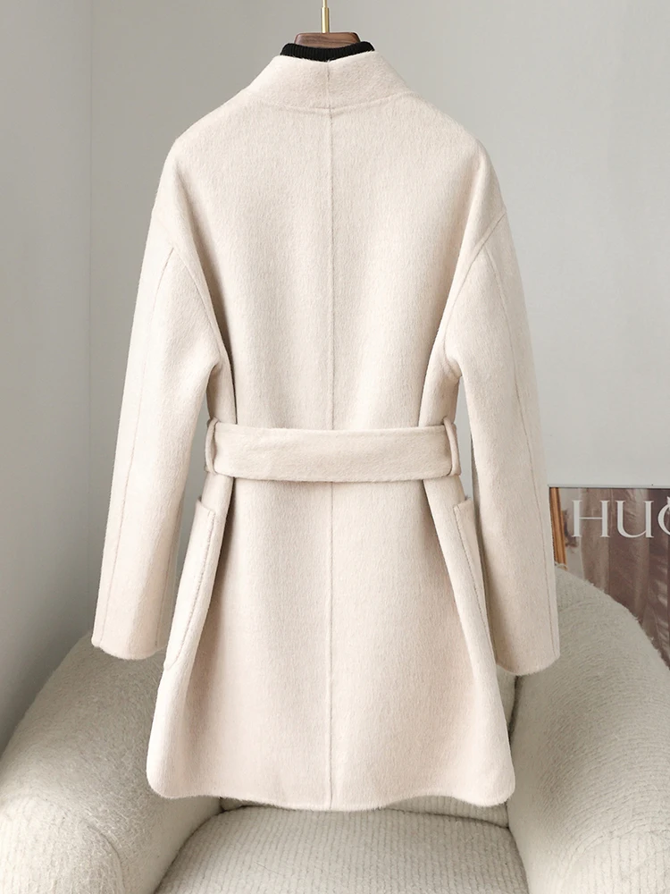 V-neck 2024 new winter short double-sided velvet coat for women's high-end off white lace up slimming woolen coat