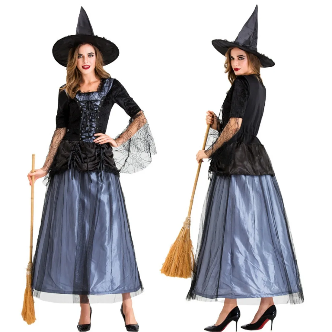 

New Adult Women Halloween Costume Cosplay Witch Lace Mesh Black Strap Dress Hat Set Gothic Theme Party Role Playing Outfits