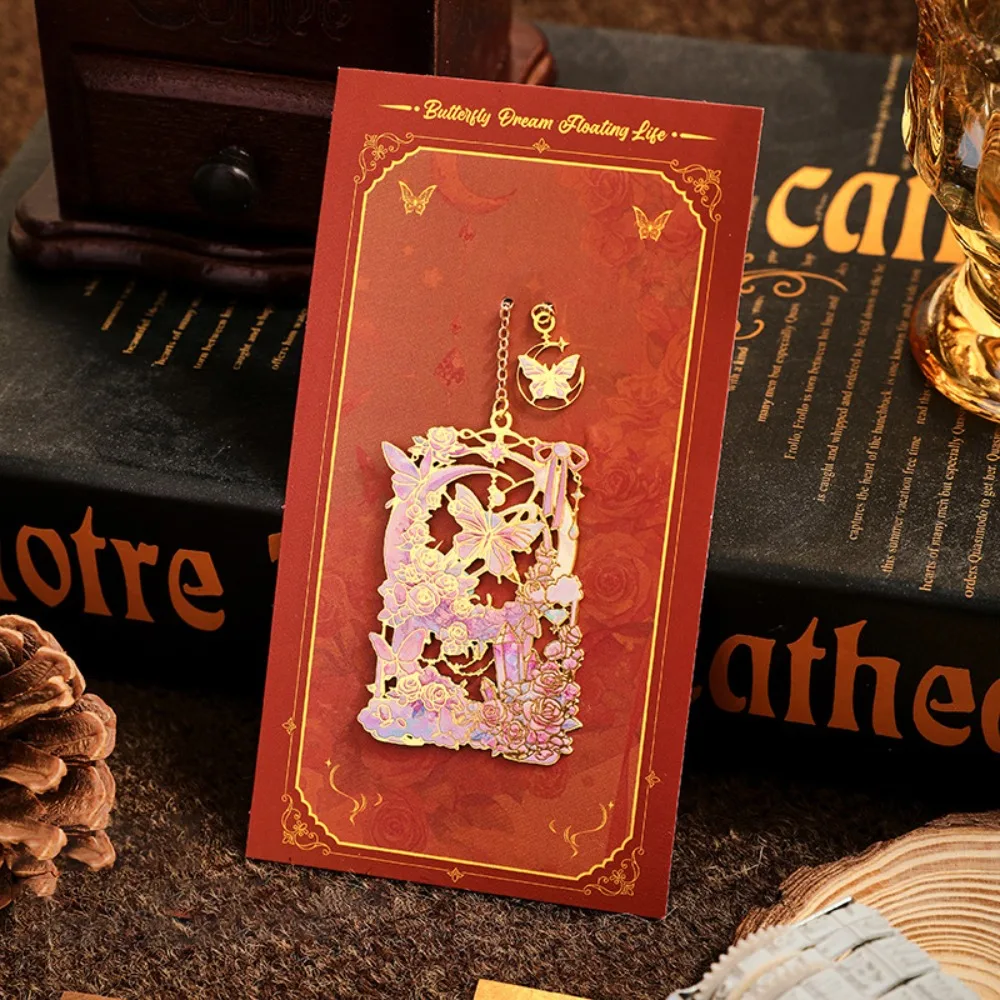 Portable Metal Bookmark with Chain Colorful Bronzing Book Clip Wind Flower Snow Moon Book Pages Mark Tool Students Teachers