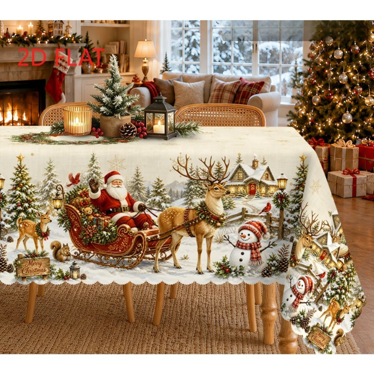 1pc  Vintage Christmas Santa Sleigh Reindeer Winter Scene Tablecloth 2D Flat Printed Holiday Dining Table Cover