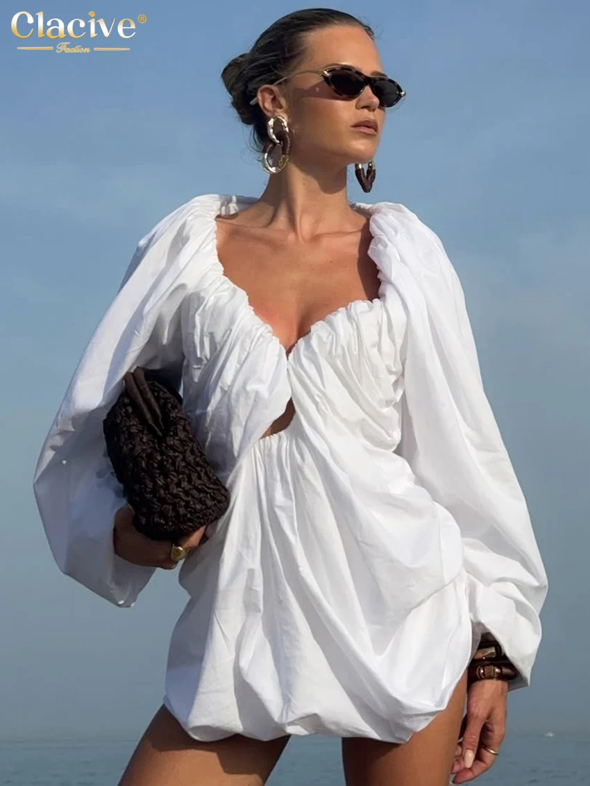 

Clacive Fashion Loose White Women's Dress 2025 Sexy V-Neck Long Sleeve Mini Dresses Elegant Classic Pleated Solid Female Dress