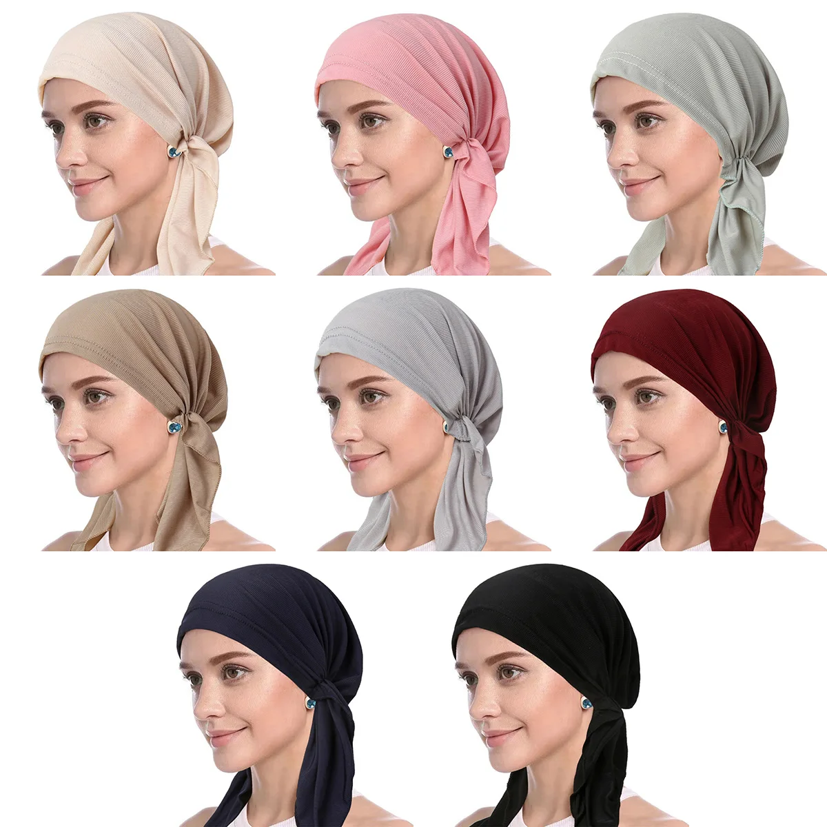 Solid Color Stripes Turban Hijab Hats Long Tail Head Wraps Elastic Muslim Hats Breathable Chemo Cap For Women Girls