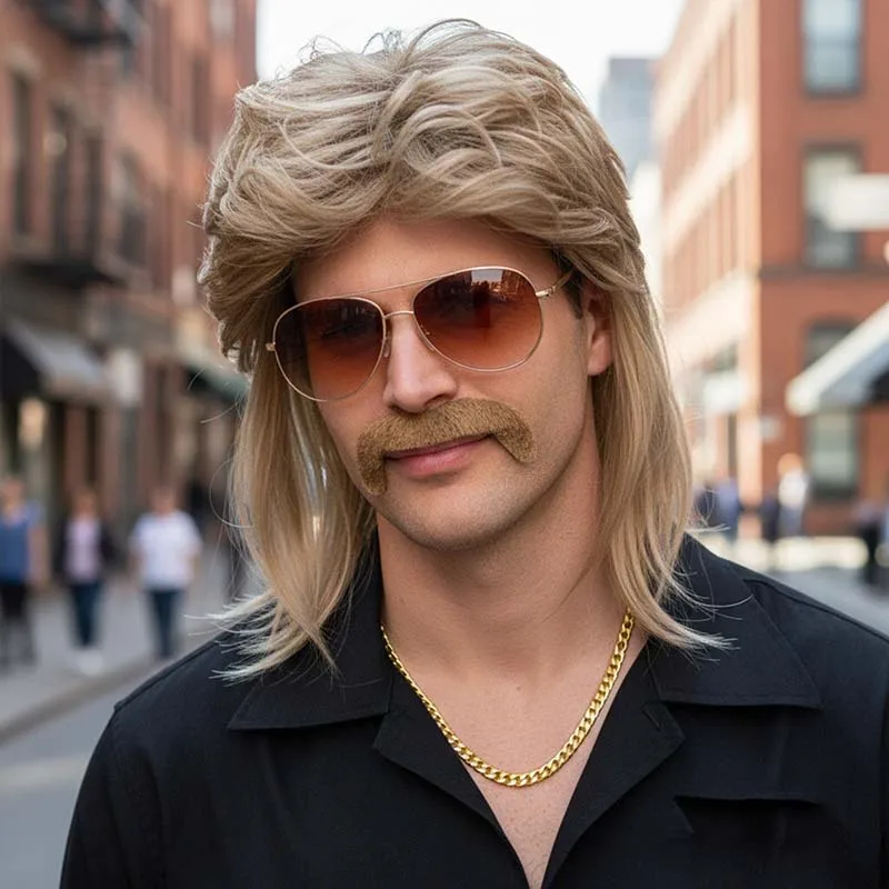 80s Disco Synthetic Wig Set Golden Brown Wigs Sunglasses Gold Chain Mustache for Men Retro Rock Halloween Party Fancy Accessory