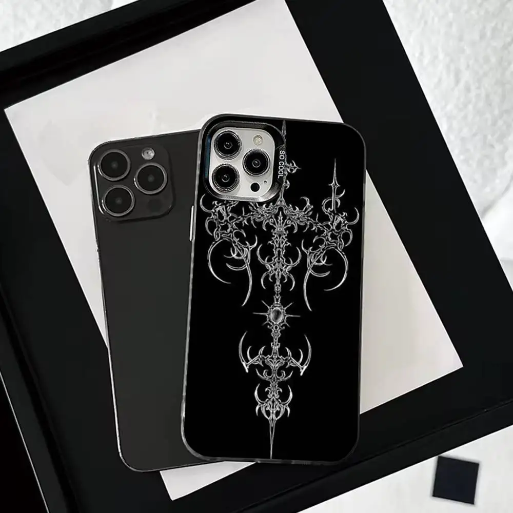 حافظة هاتف متقاطعة على الطراز القوطي C-Cyber Sigil لهاتف iPhone 16,15,14,13,12,11,Mini,Pro,SE,MAX غطاء أبيض غير لامع مقاوم للصدمات