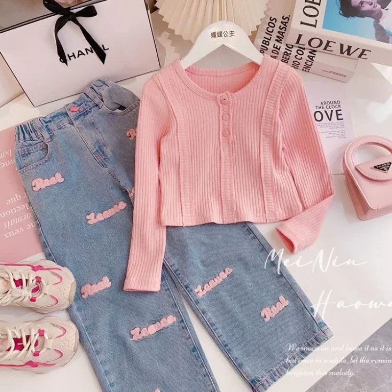 4-9Y Girls' Set  Autumn Spring New Girls' Knitted Sweet Top+Letter Decal Jeans Two Piece Set Cute Little Girl Kids Fashion Sets