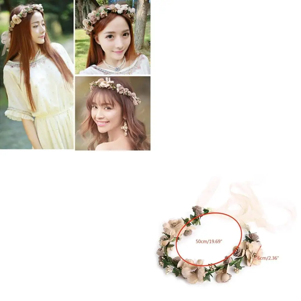  Boho Flower Hair Garland Crown Headband with Ribbon Fashion Women Floral Wreath Hairband for Wedding Bride Party Photos