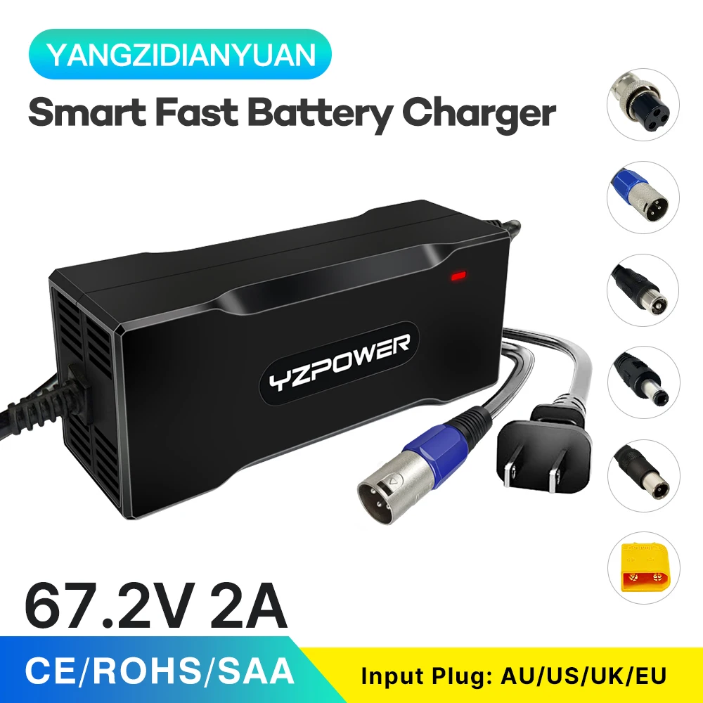 

67.2V 2A lithium battery charger Efficient charging for 60V electric equipment Universal power adapter with cooling fan