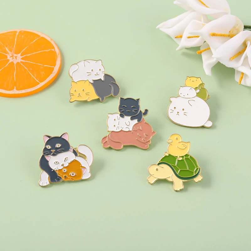 Cute Animal Enamel Pin Cats Chicken Turtle Fold Together Contracted Brooches Lapel Metal Badge Accessories Gift for Animal Lover