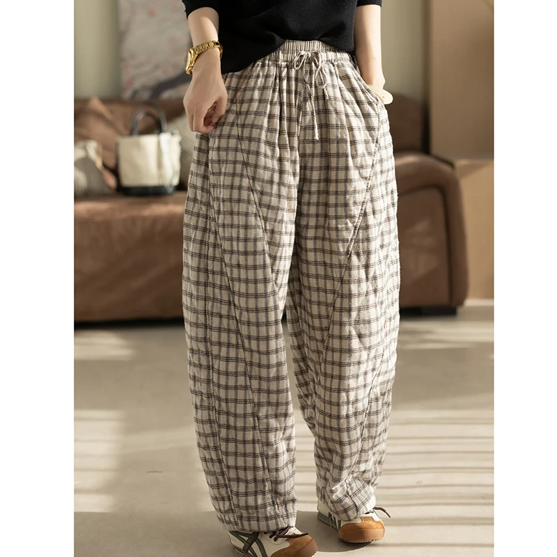 2025 New Arrival Winter Fashion Women Arts Style Ankle-length Pants Casual Loose Cotton Elastic Waist Plaid Harem Pants K112