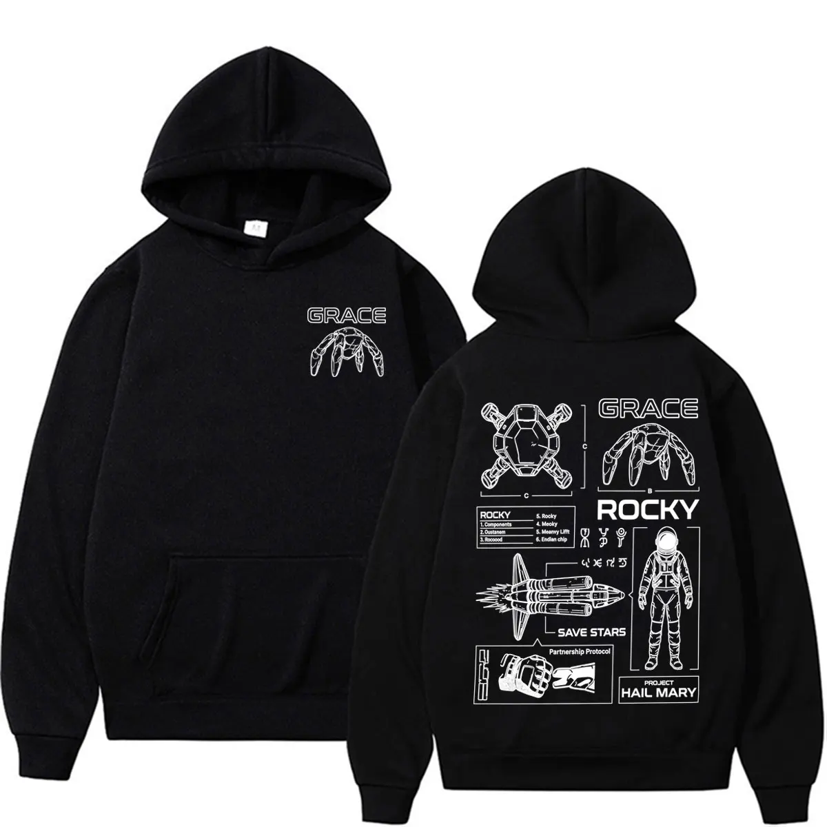 Funny Grace & Rocky Blueprint Hoodies Project Hail Mary Space Explorer Sweatshirts Men Women Casual Fleece High Quality Pullover