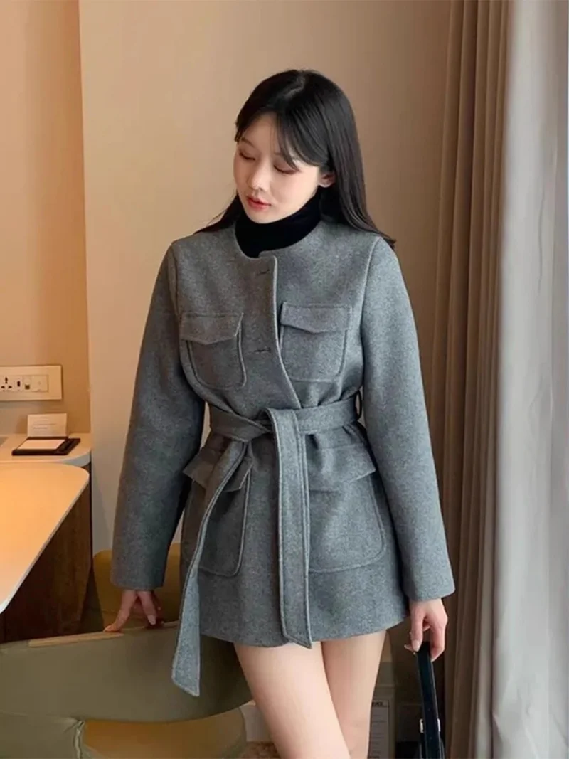 Retro Multi Pocket Design Single Breasted Woolen Coat Women's 2025 Autumn Winter New Style Strap Jacket Outerwear Top w1106
