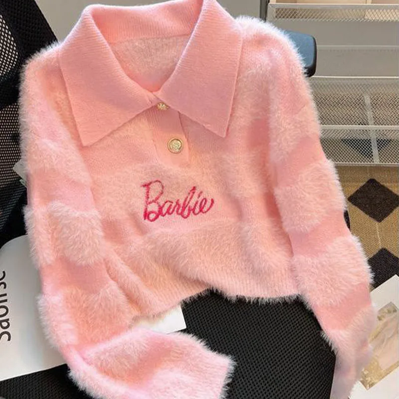 Anime Barbie Polo Collar Striped Sweater Women\'s Fall Winter Lazy Loose Bottoming Kawaii Sweater Short Letter Embroidered Tops