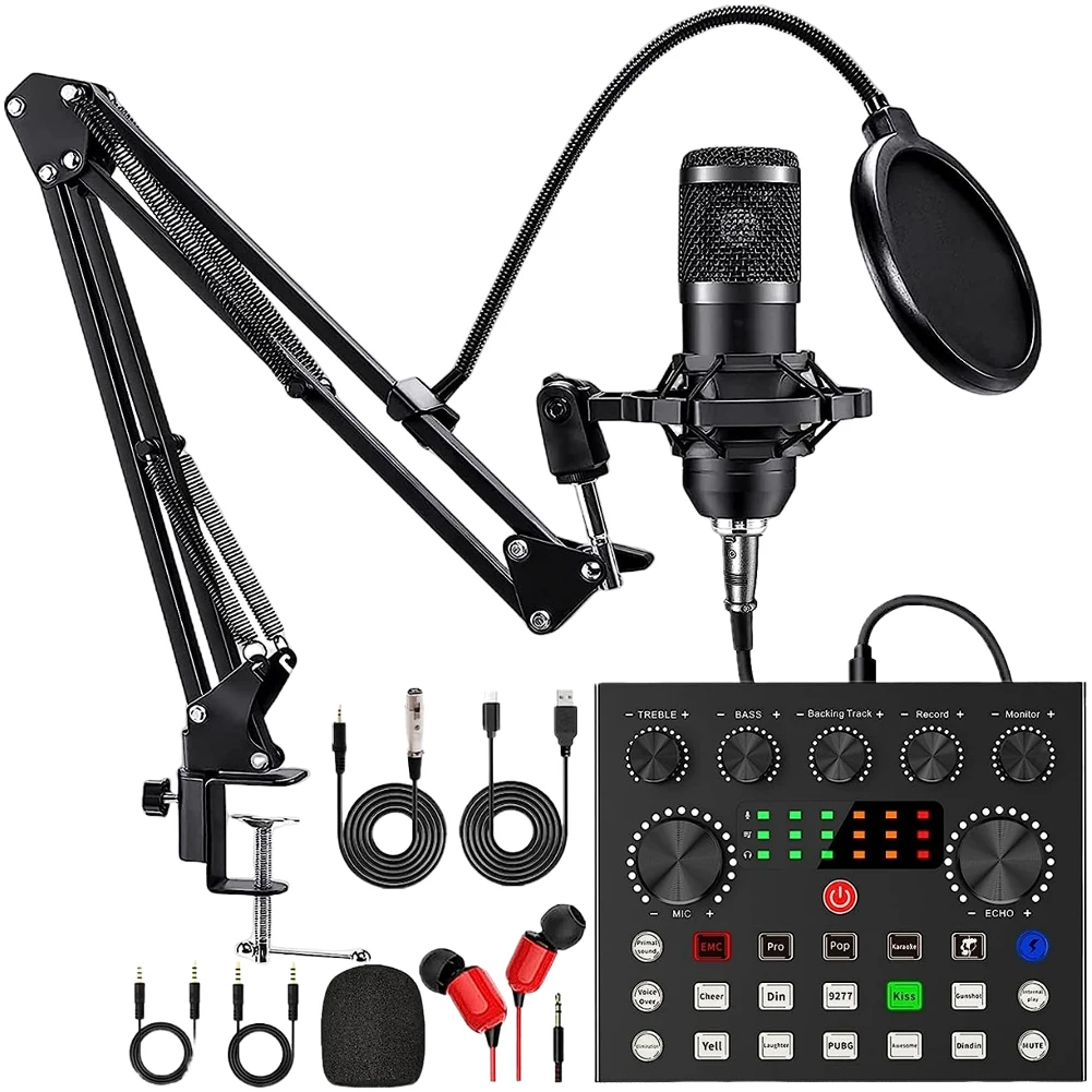 Podcast Equipment Bundle with BM800 Microphone and V8 Sound Card Double-Layer Pop Filter for  Windows Gaming Live Streaming