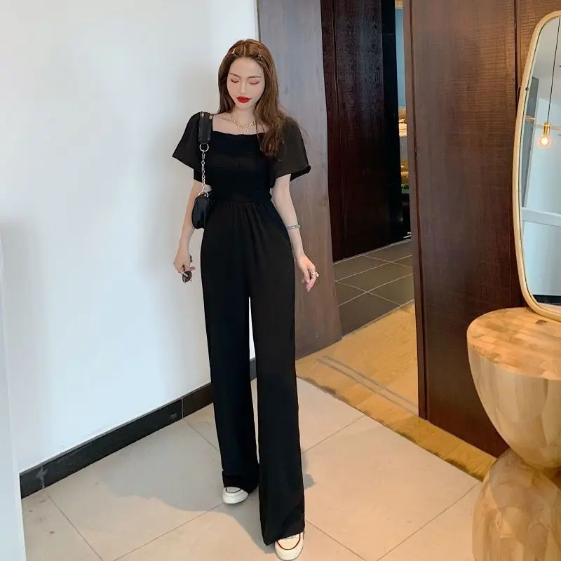 Tute a maniche corte con spalle scoperte Tute da donna eleganti con pieghe in vita Tuta dritta da donna con scollo quadrato senza schienale Estate nuova