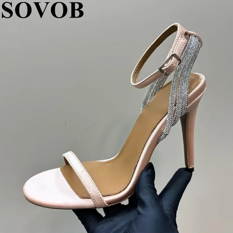 Open Toe Rhinestone Decor Thin High Heels Sandals Women Real Leather Ankle Strap Sandalias Summer Party Dress Wedding Shoes