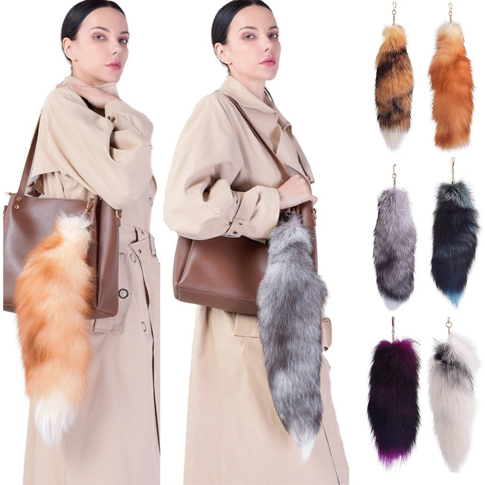 2024 Real Fox Fur Tail Large Long Natural Fur Tail Keychain Pendant Cosplay Tail Cute Wolf Fox Tail Fur Car Keychains For Women